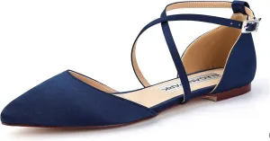 ELEGANTPARK FC2322 Comfortable Satin Pointed Toe Flats for Women Ankle Straps Wedding Flats for Bride Shoes Evening Party Guest Shoes for Women Dressy Low Heel