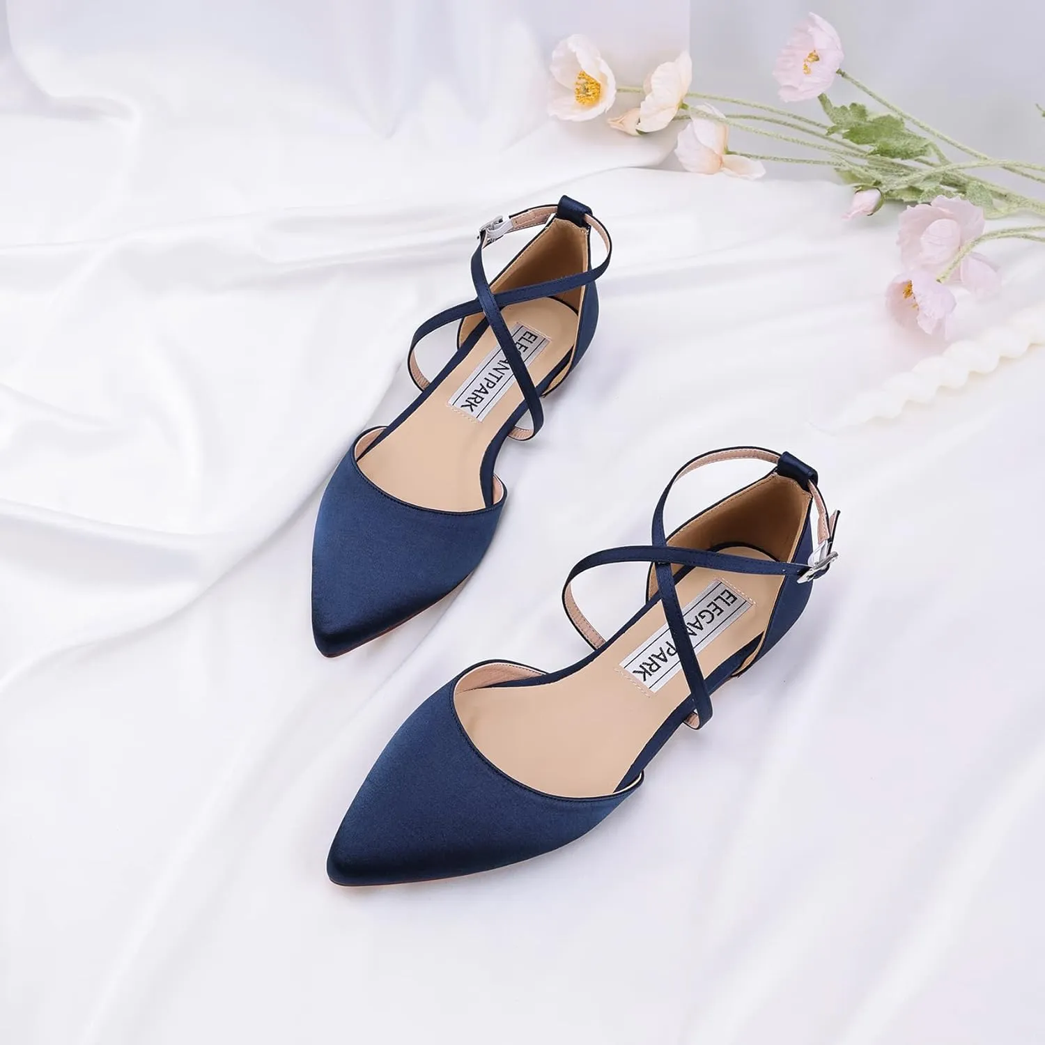 ELEGANTPARK FC2322 Comfortable Satin Pointed Toe Flats for Women Ankle Straps Wedding Flats for Bride Shoes Evening Party Guest Shoes for Women Dressy Low Heel