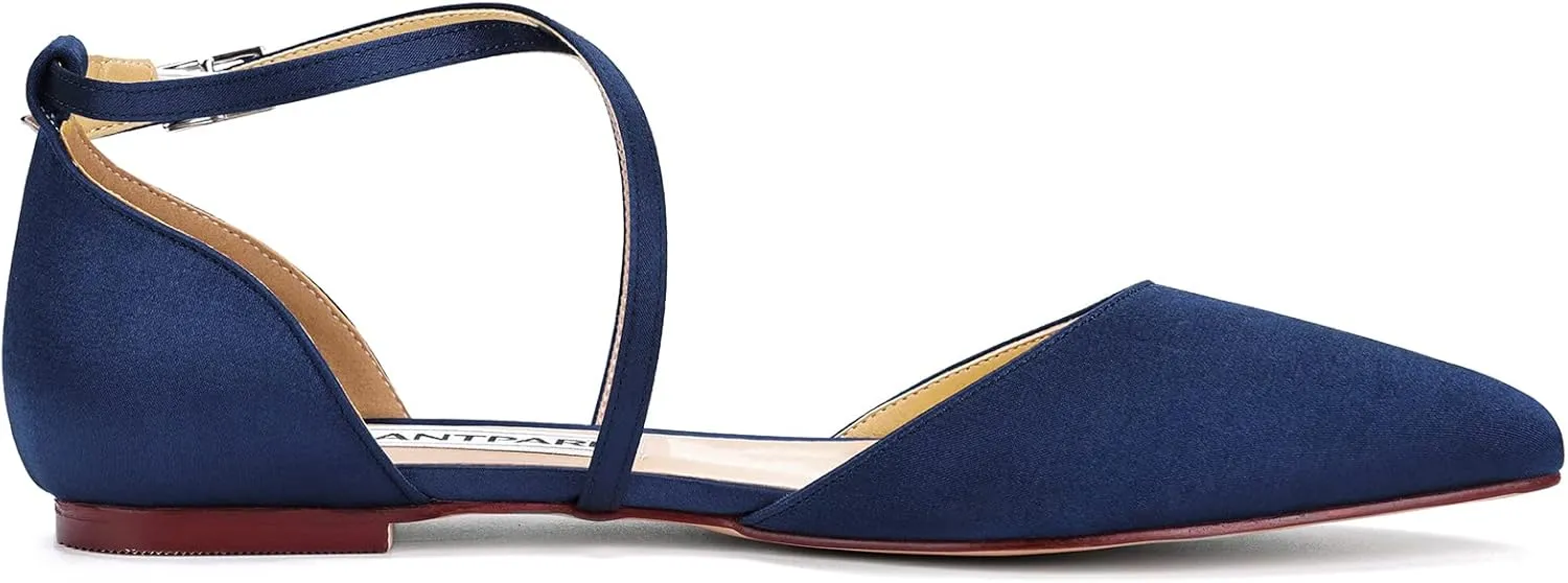 ELEGANTPARK FC2322 Comfortable Satin Pointed Toe Flats for Women Ankle Straps Wedding Flats for Bride Shoes Evening Party Guest Shoes for Women Dressy Low Heel