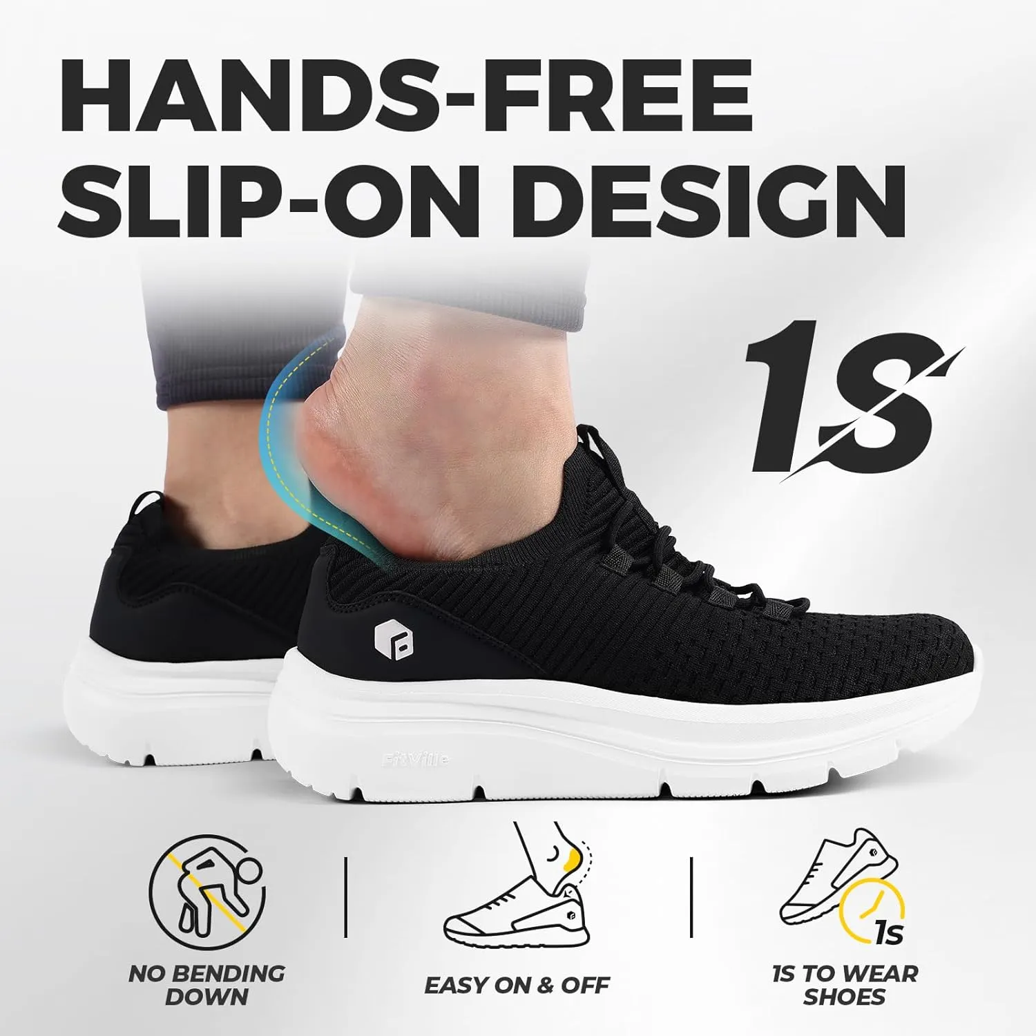 FitVille Walking Shoes Womens Slip on Walking Sneakers Lightweight Wide Width for Flat Feet Plantar Fasciitis Heel Pain Relief - Cloud Walker V15