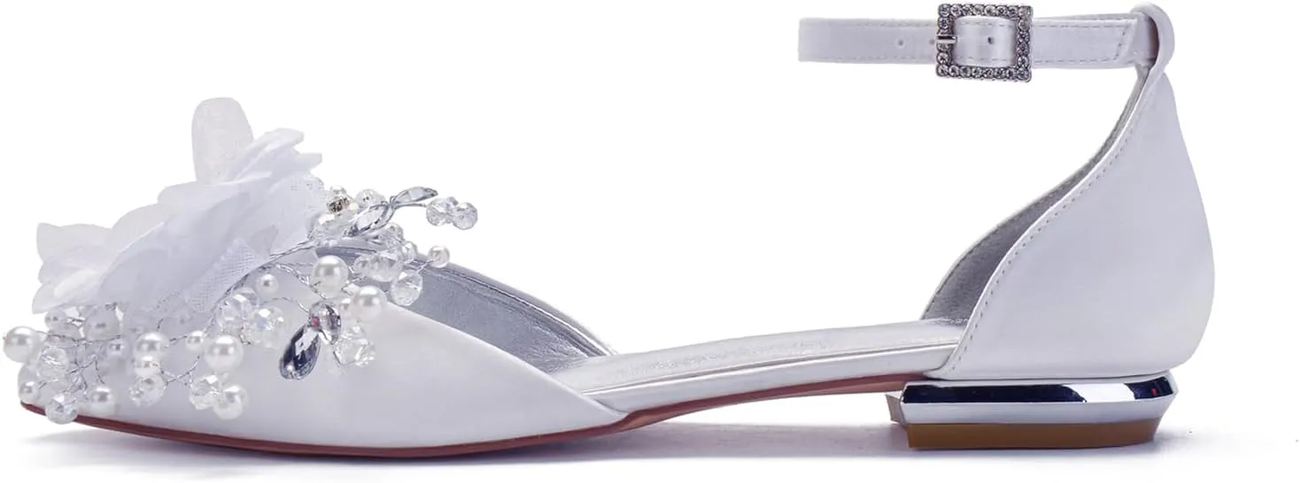 Flat Bridal Flower Pointed Toe Womens Shoes Low Heel Sandals Wedding Shoes Strappy Pumps for Prom Party Satin High Heel Comfortable