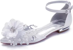 Flat Bridal Flower Pointed Toe Womens Shoes Low Heel Sandals Wedding Shoes Strappy Pumps for Prom Party Satin High Heel Comfortable