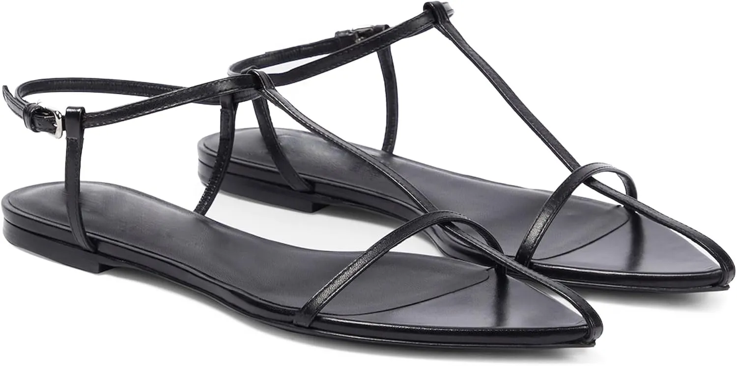 Flat Sandals for Women Adjustable Ankle Strap Slide Sandals Pointed Open Toe Flats Dressy Summer Sandals