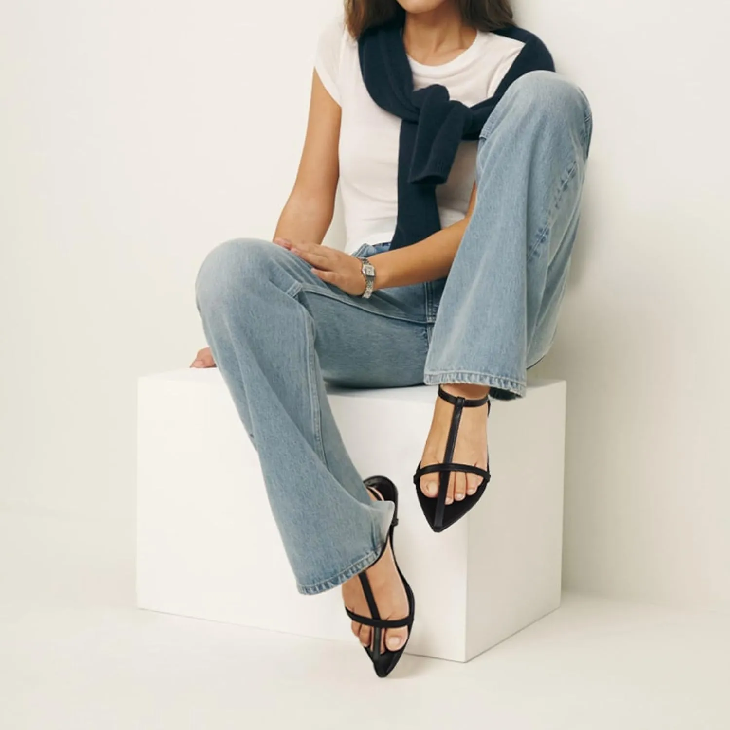 Flat Sandals for Women Adjustable Ankle Strap Slide Sandals Pointed Open Toe Flats Dressy Summer Sandals