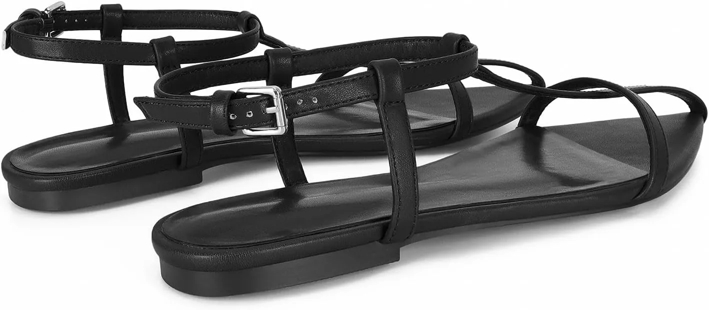 Flat Sandals for Women Adjustable Ankle Strap Slide Sandals Pointed Open Toe Flats Dressy Summer Sandals