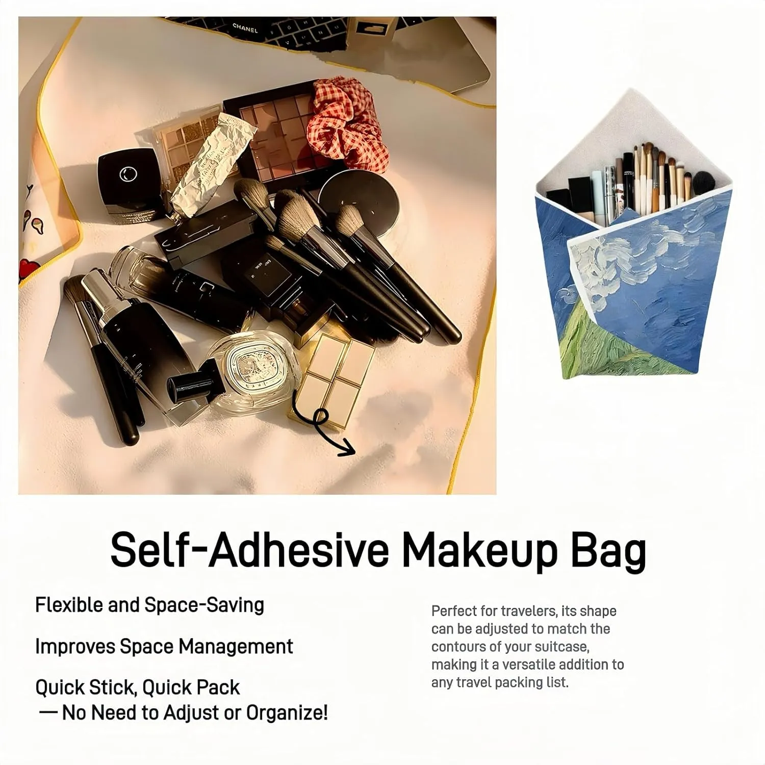 Foldable Magic Wrap Travel Makeup Bag: Lay Flat, Expandable, Soft & Washable Magic Self-Adhesive Cloth for Cosmetics，3pcs Pack