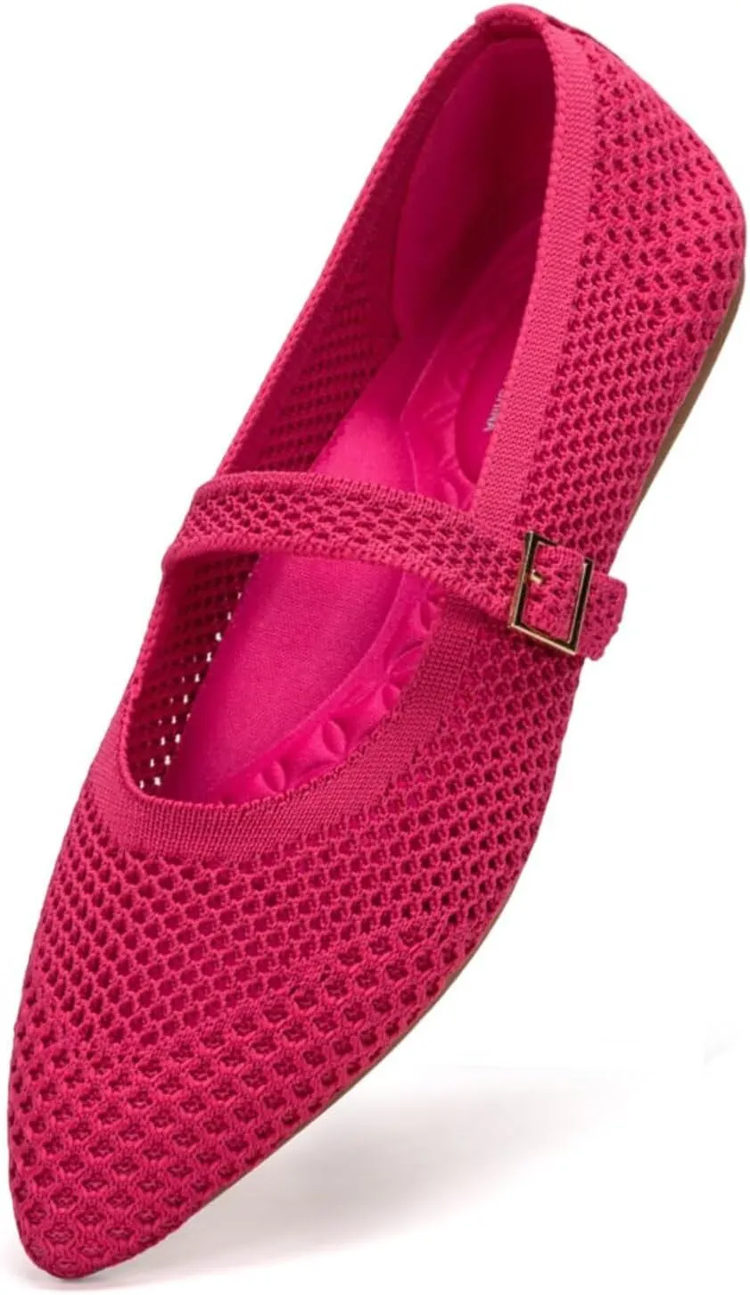 Frank Mully Women's Mesh Flats Mary Jane Shoes Pointed Toe Lightweight with Adjustable Instep Strap Knit Flat Shoes for Women Dressy Casual Washable Walking Shoes