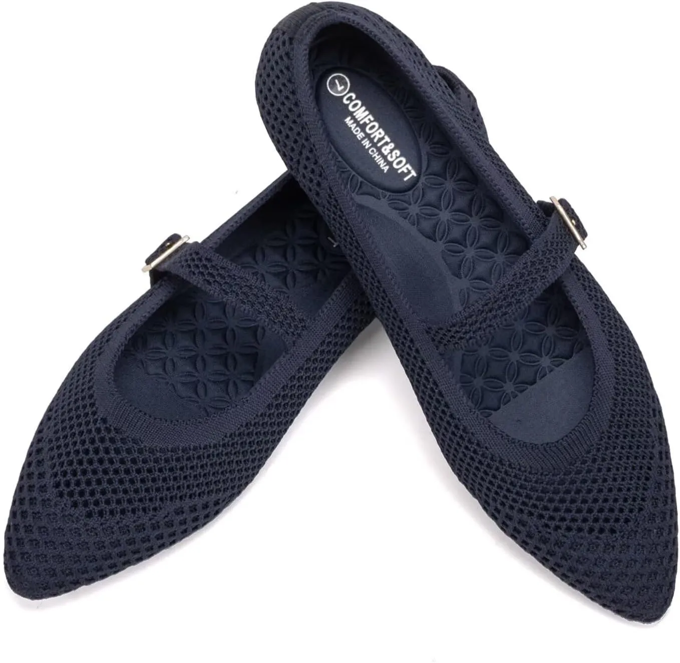 Frank Mully Women's Mesh Flats Mary Jane Shoes Pointed Toe Lightweight with Adjustable Instep Strap Knit Flat Shoes for Women Dressy Casual Washable Walking Shoes