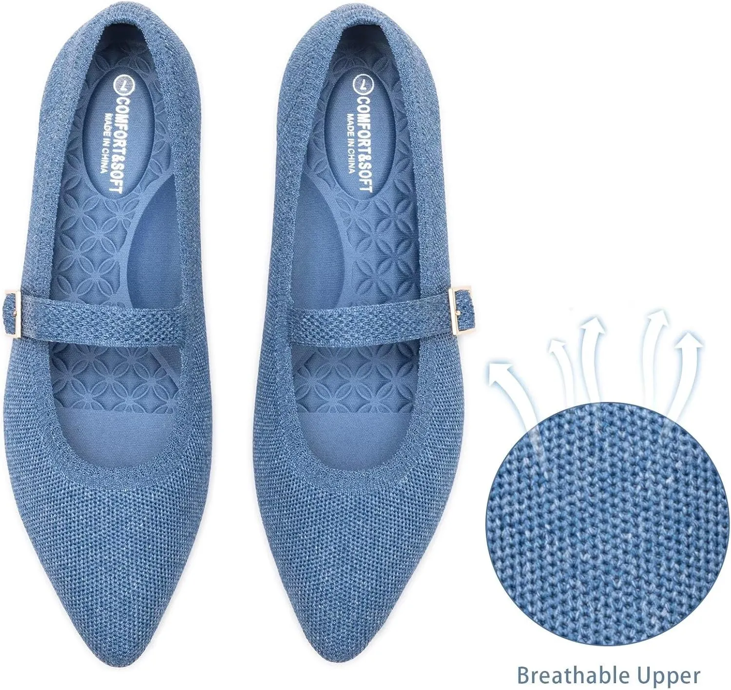 Frank Mully Women's Mesh Flats Mary Jane Shoes Pointed Toe Lightweight with Adjustable Instep Strap Knit Flat Shoes for Women Dressy Casual Washable Walking Shoes