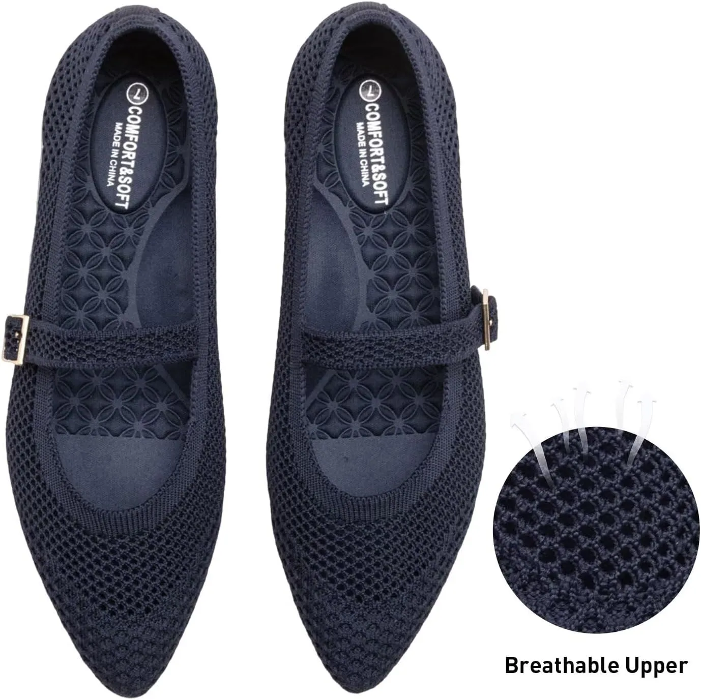 Frank Mully Women's Mesh Flats Mary Jane Shoes Pointed Toe Lightweight with Adjustable Instep Strap Knit Flat Shoes for Women Dressy Casual Washable Walking Shoes