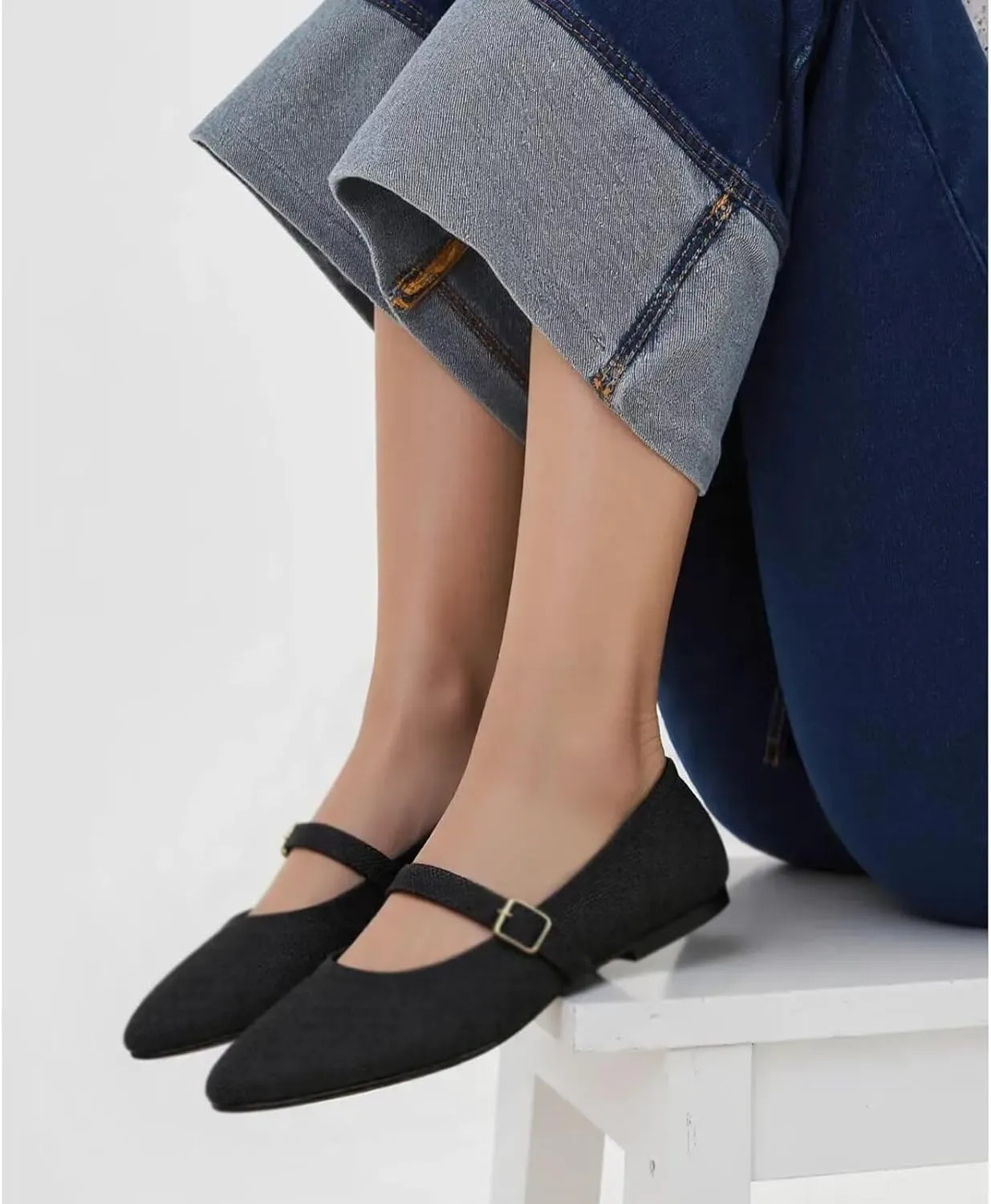 Frank Mully Women's Mesh Flats Mary Jane Shoes Pointed Toe Lightweight with Adjustable Instep Strap Knit Flat Shoes for Women Dressy Casual Washable Walking Shoes