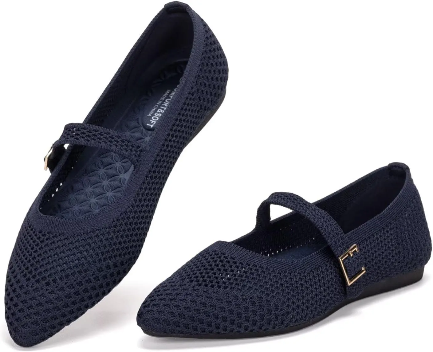 Frank Mully Women's Mesh Flats Mary Jane Shoes Pointed Toe Lightweight with Adjustable Instep Strap Knit Flat Shoes for Women Dressy Casual Washable Walking Shoes