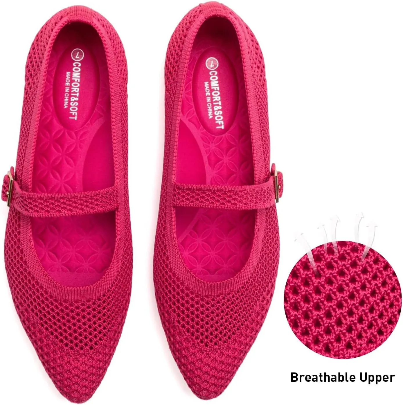 Frank Mully Women's Mesh Flats Mary Jane Shoes Pointed Toe Lightweight with Adjustable Instep Strap Knit Flat Shoes for Women Dressy Casual Washable Walking Shoes