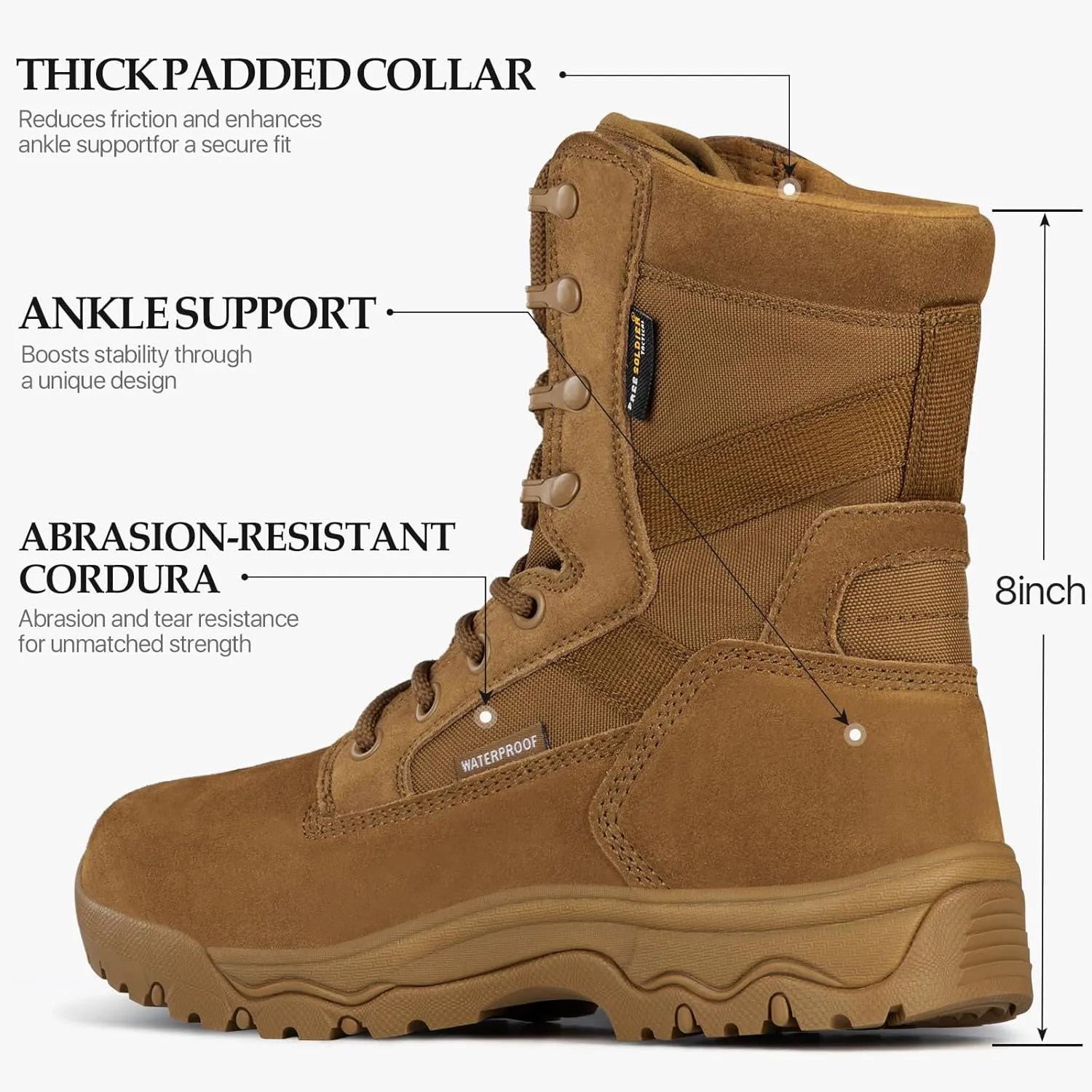 FREE SOLDIER Men's Tactical Boots 8 Inches Lightweight Combat Boots Durable Suede Leather Military Work Boot Desert Boot