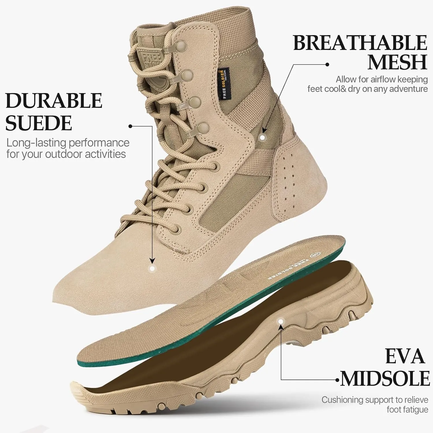 FREE SOLDIER Men's Tactical Boots 8 Inches Lightweight Combat Boots Durable Suede Leather Military Work Boot Desert Boot