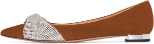 FSJ Women Classic Pointed Toe Rhinestone Sequins Bow Casual Slip on Faux Suede Comfort Low Thick Heel Walking Ballet Flat Shoes Size 4-15 US