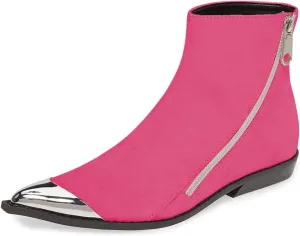 FSJ Women Comfy Western Flat Ankle Boots Low Heel Pointed Toe Side Zipper Booties Dress Daily Work Shoes Size 4-15 US