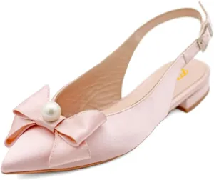 FYS Women Pearl Bow Pointed Toe Pumps Slip on Flat Singbacks Comfortable Wedding Prom Daily Shoes Size 4-16 US