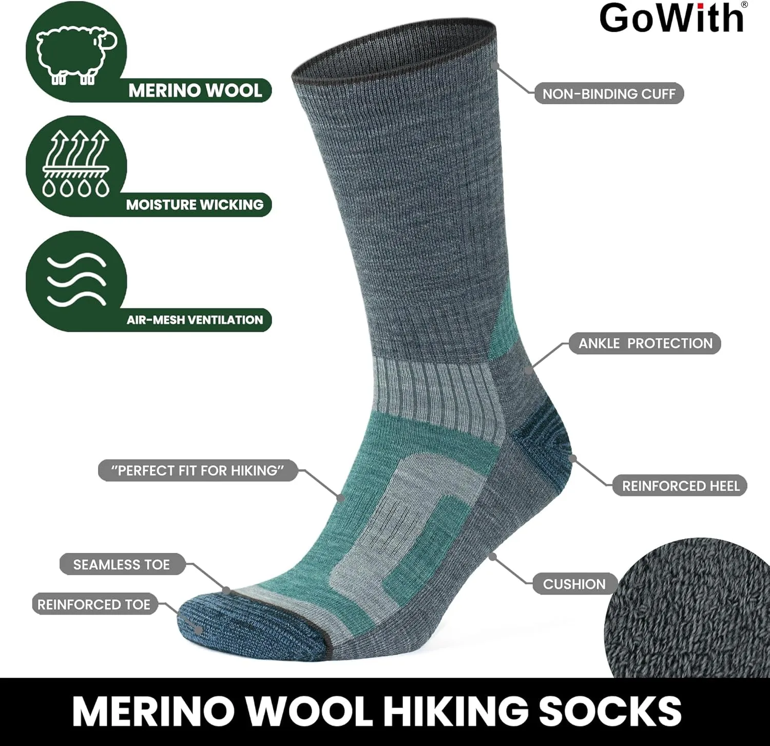GoWith Merino Wool Lightweight Hiking Socks for Men & Women, Sole Cushioned Seamless Thermal Outdoor Boot Crew Socks