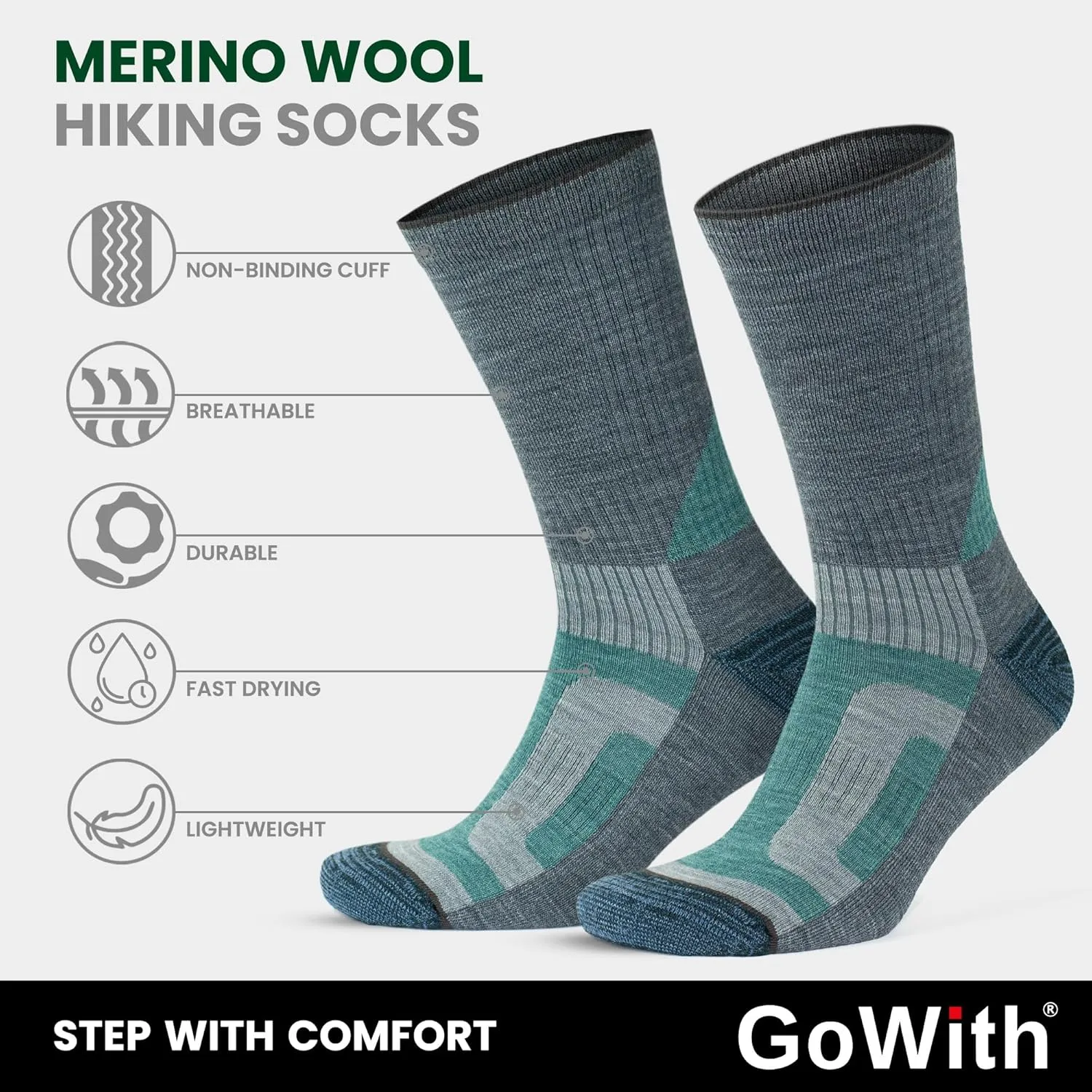 GoWith Merino Wool Lightweight Hiking Socks for Men & Women, Sole Cushioned Seamless Thermal Outdoor Boot Crew Socks
