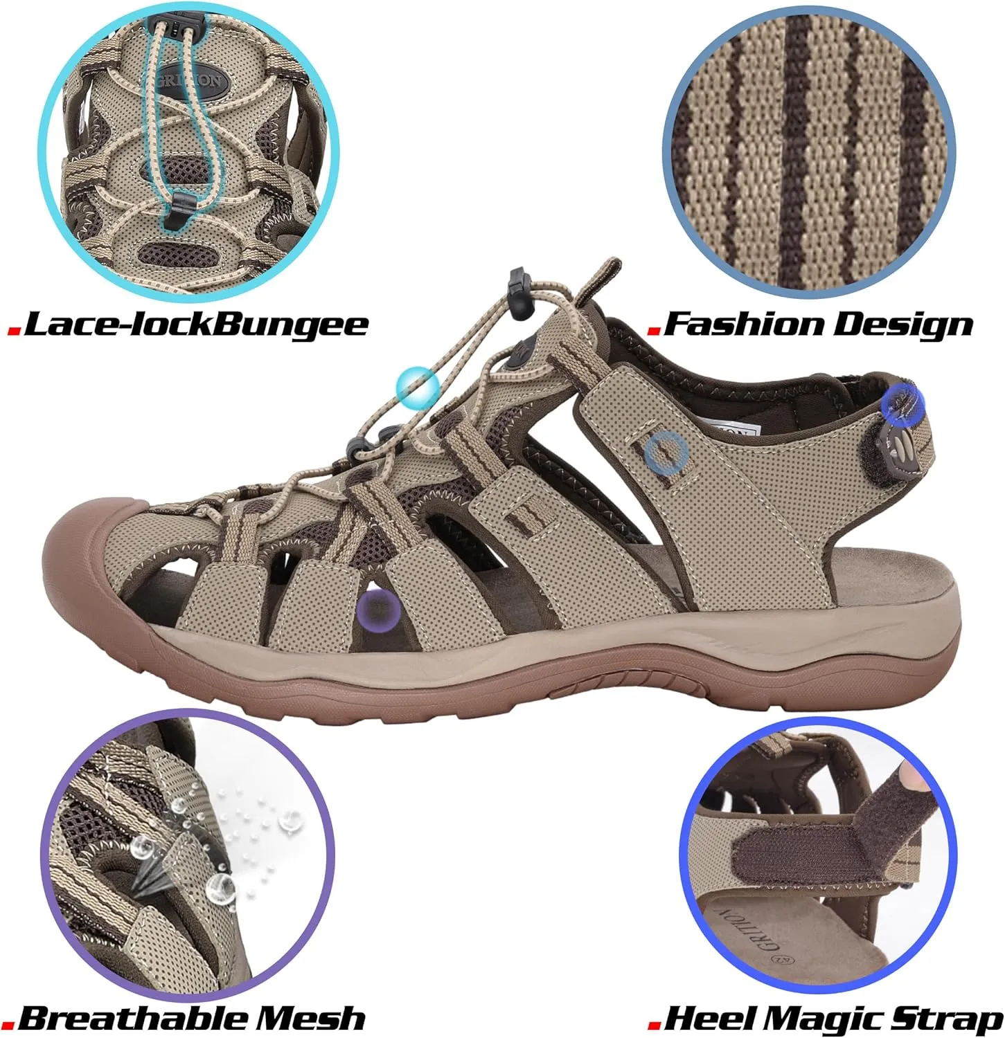 GRITION Mens Outdoor Hiking Sandals Summer Beach Closed Toe Water Sandal Waterproof Comfortable Fisherman Adventures Sport Athletic Walking Traveling Shoes Sandles