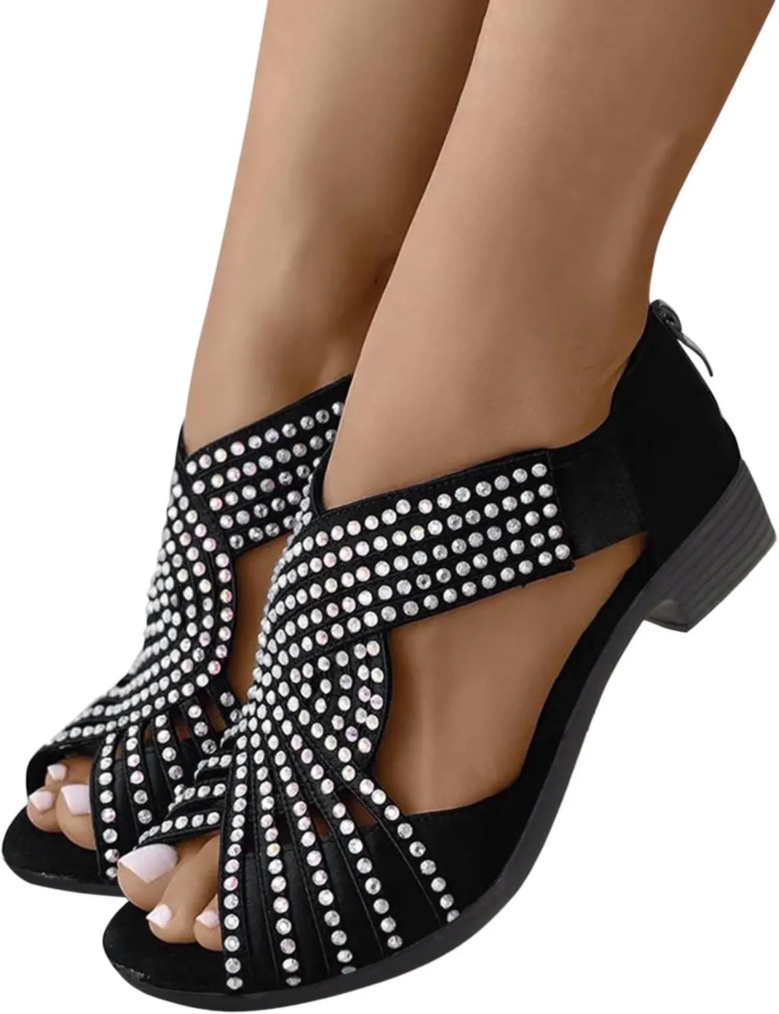Hbeylia Sandals for Women,Womens Vintage Peep Toe Rhinestone Cut Out Stacked Mid Heels Sandal Soft Sole Studded Sandals with Back Zipper Chunky Heels Sandals for Summer