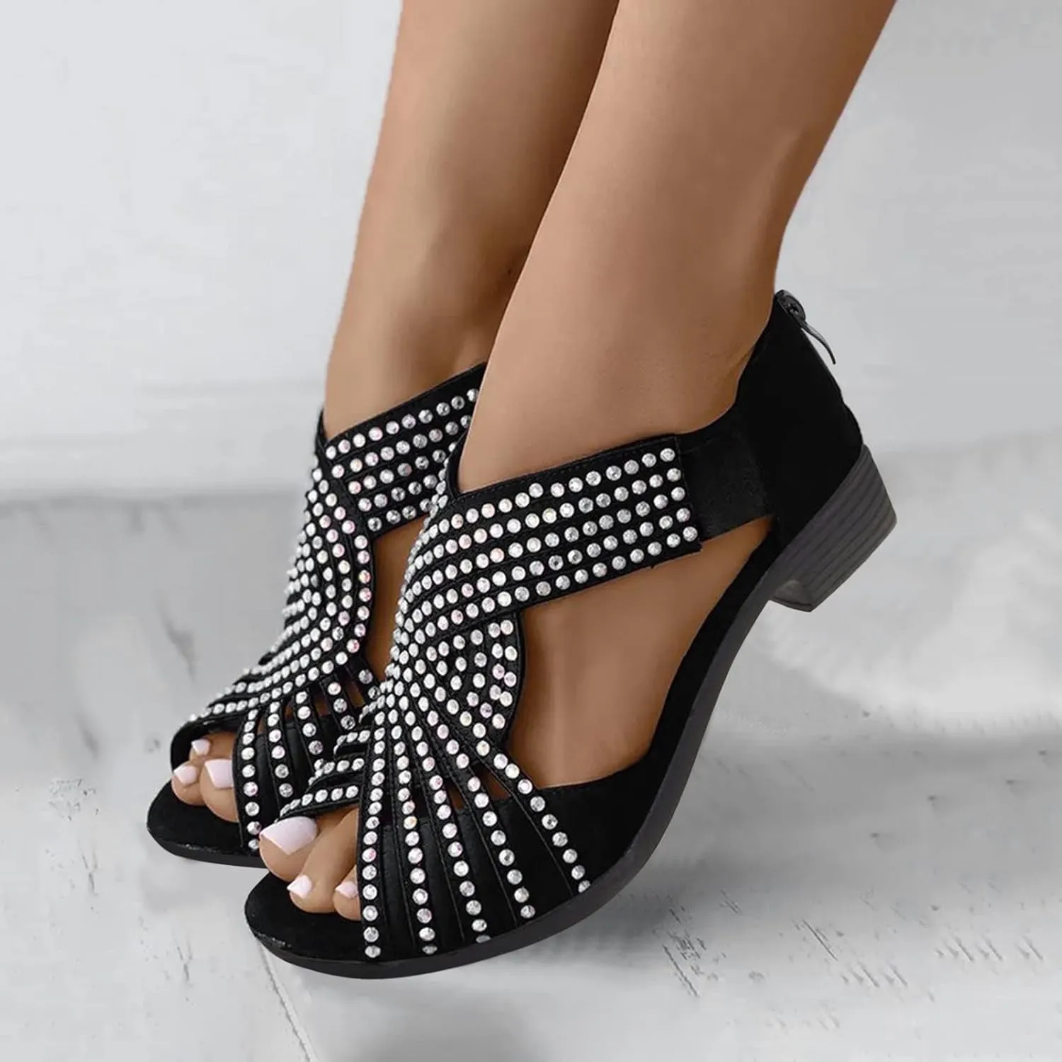 Hbeylia Sandals for Women,Womens Vintage Peep Toe Rhinestone Cut Out Stacked Mid Heels Sandal Soft Sole Studded Sandals with Back Zipper Chunky Heels Sandals for Summer
