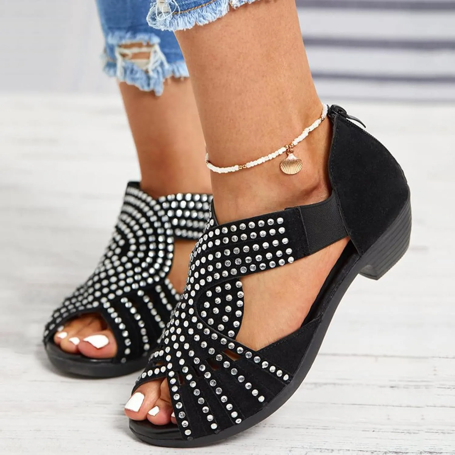 Hbeylia Sandals for Women,Womens Vintage Peep Toe Rhinestone Cut Out Stacked Mid Heels Sandal Soft Sole Studded Sandals with Back Zipper Chunky Heels Sandals for Summer