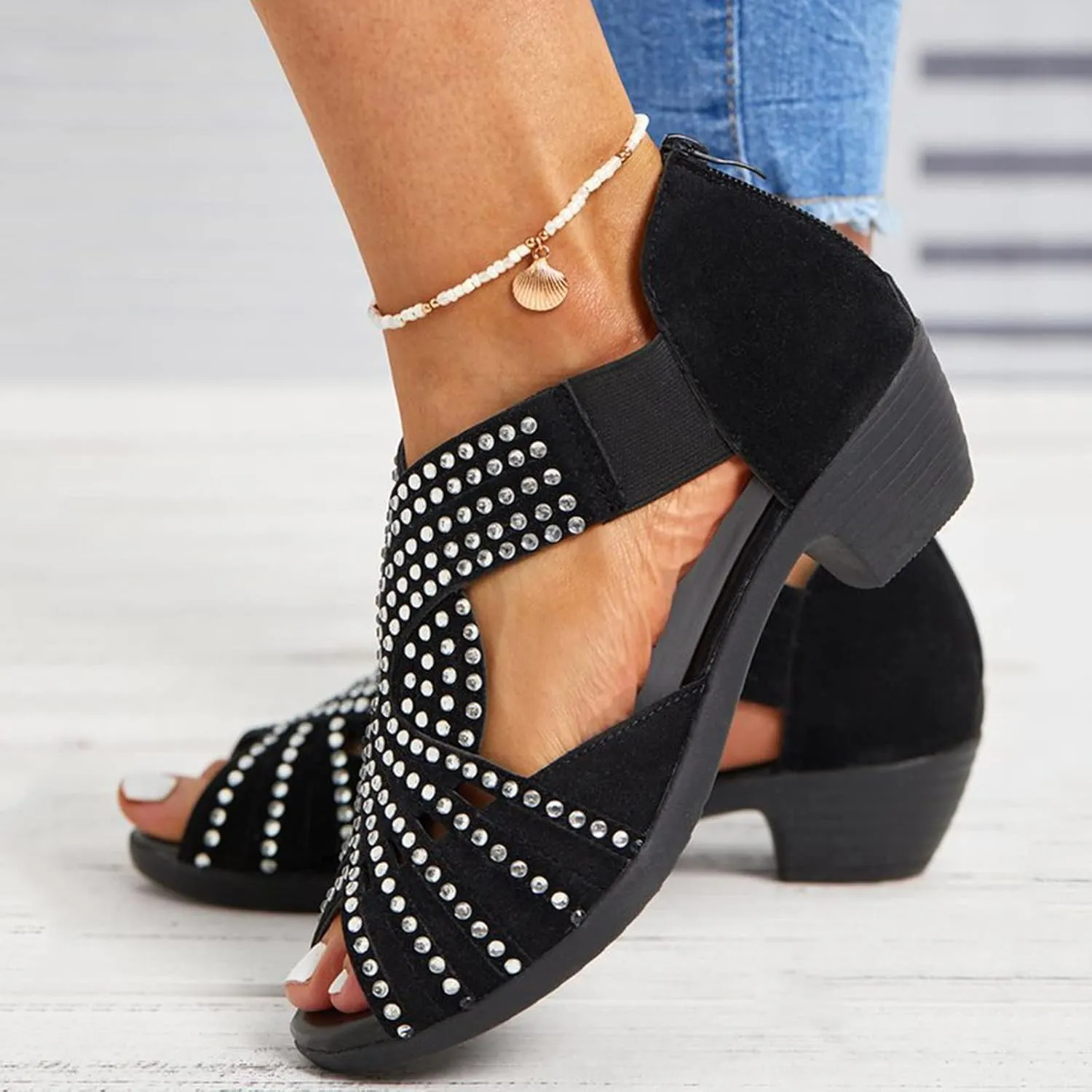Hbeylia Sandals for Women,Womens Vintage Peep Toe Rhinestone Cut Out Stacked Mid Heels Sandal Soft Sole Studded Sandals with Back Zipper Chunky Heels Sandals for Summer