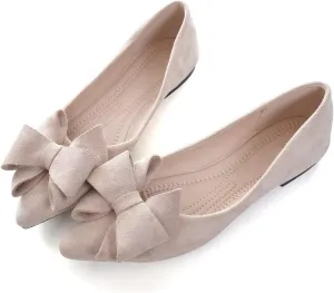 Hee grand Bow-Knot Ballet Flats Classic Pointed Toe Suede Dress Shoes Casual Comfort Slip-On Loafers Light Weight Walking Flats