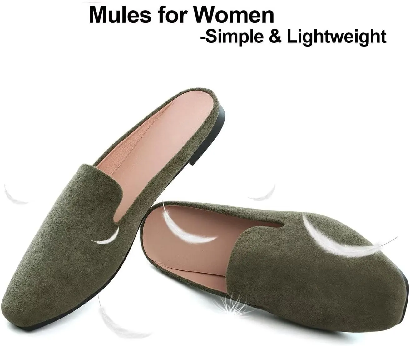 Hee grand Mules for Women Flats Square Toe Slip on Flat Slides Comfortable Suede Women Slippers Backless Loafer Shoes