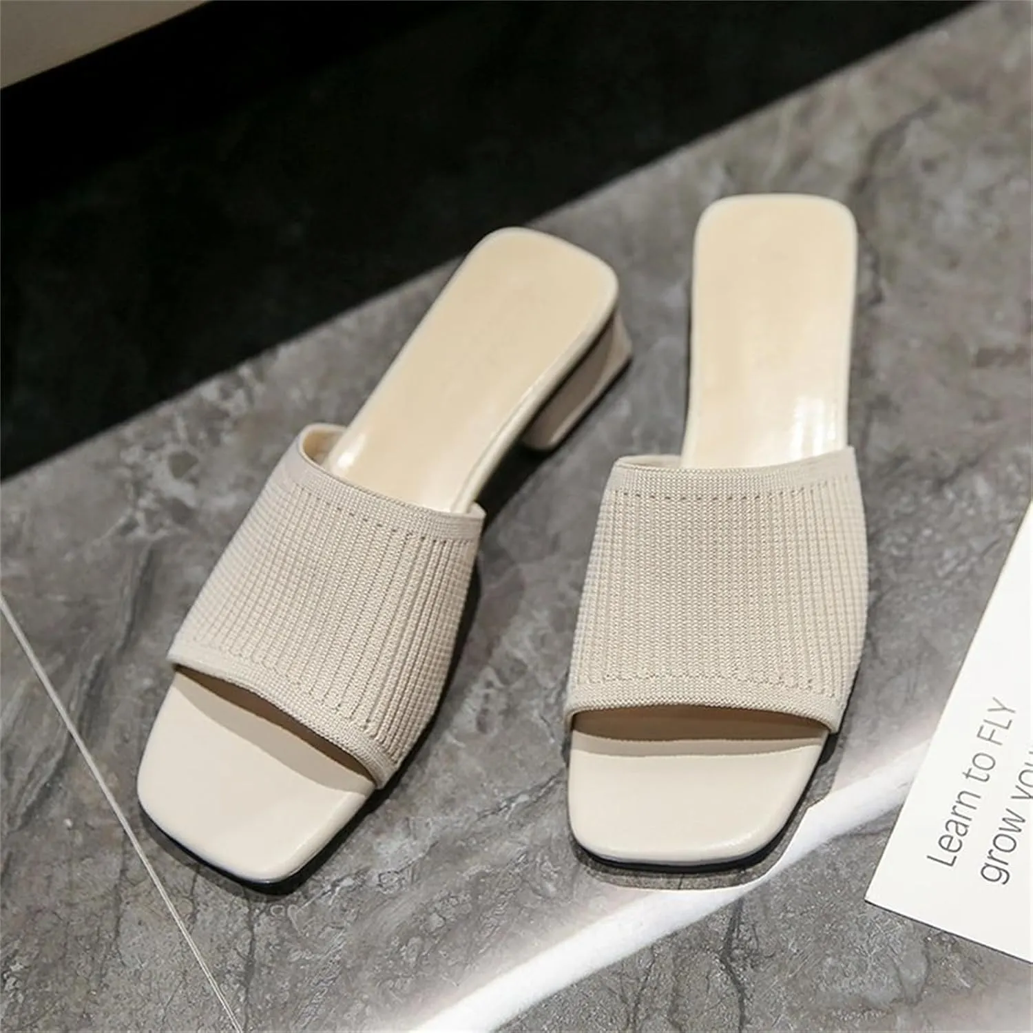 Heeled Sandals for Women 2025 Summer Comfortable Square Open Toe Knit Sandal Trendy Square Heels Slip on Slides Casual Dress Pumps Shoes