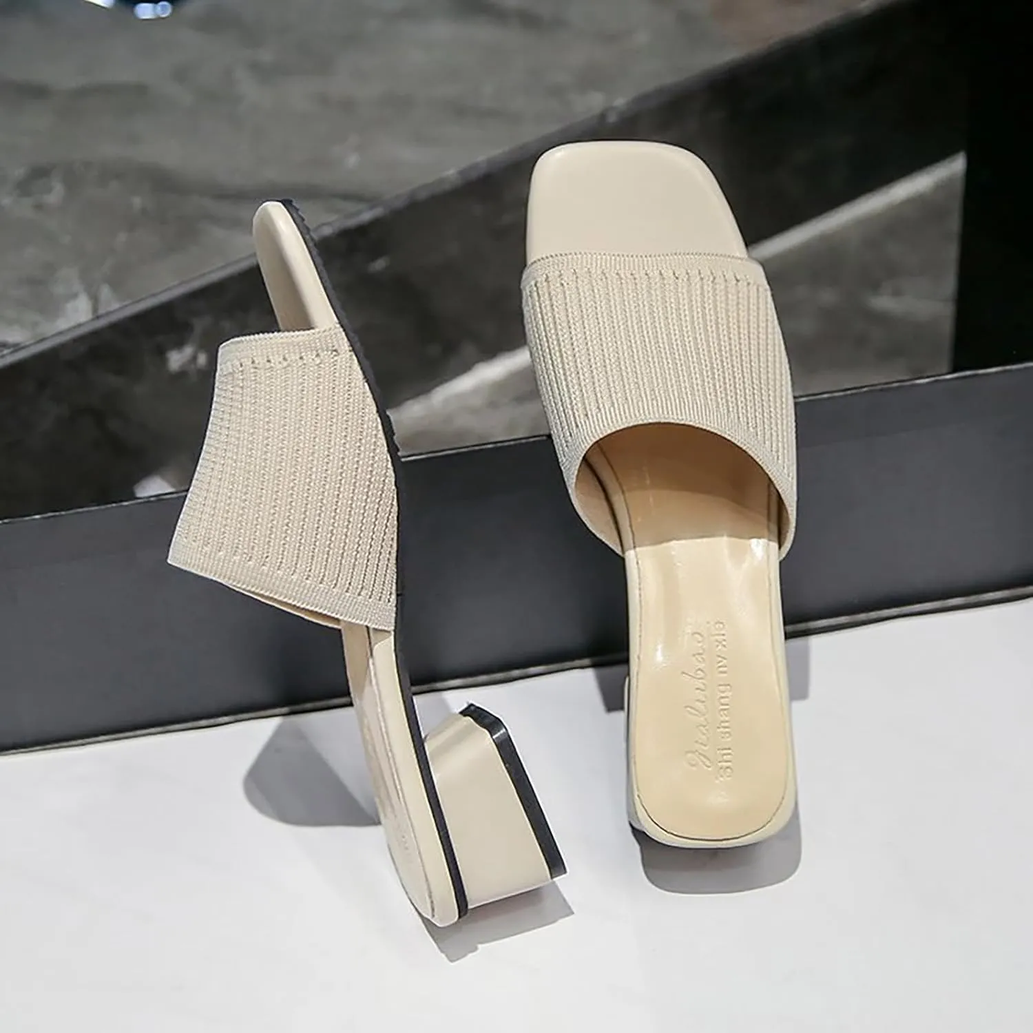 Heeled Sandals for Women 2025 Summer Comfortable Square Open Toe Knit Sandal Trendy Square Heels Slip on Slides Casual Dress Pumps Shoes