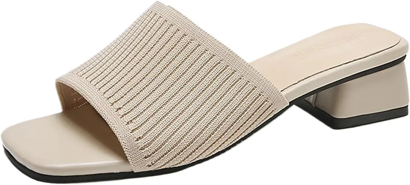 Heeled Sandals for Women 2025 Summer Comfortable Square Open Toe Knit Sandal Trendy Square Heels Slip on Slides Casual Dress Pumps Shoes