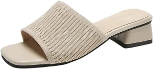 Heeled Sandals for Women 2025 Summer Comfortable Square Open Toe Knit Sandal Trendy Square Heels Slip on Slides Casual Dress Pumps Shoes