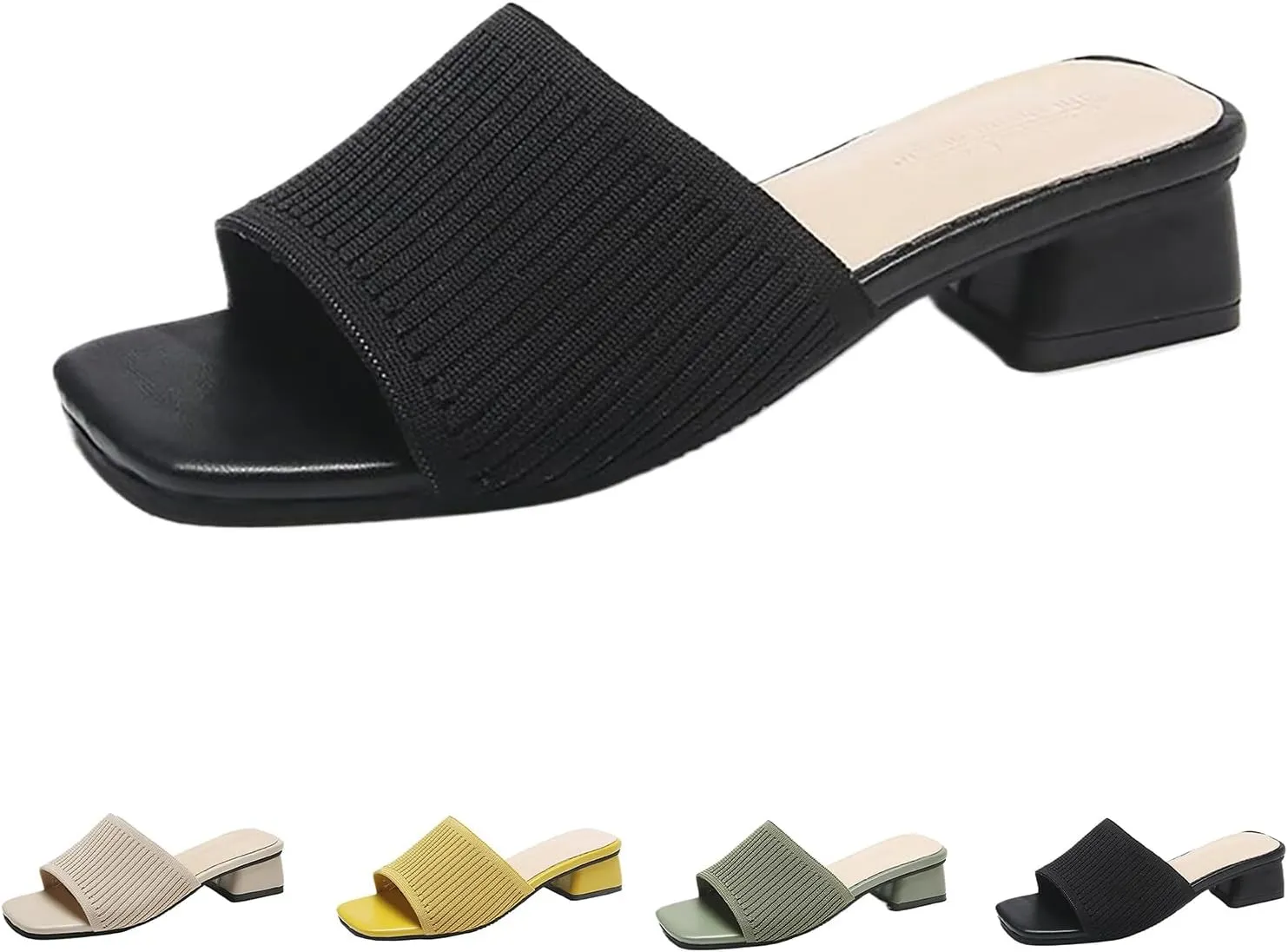 Heeled Sandals for Women 2025 Summer Comfortable Square Open Toe Knit Sandal Trendy Square Heels Slip on Slides Casual Dress Pumps Shoes