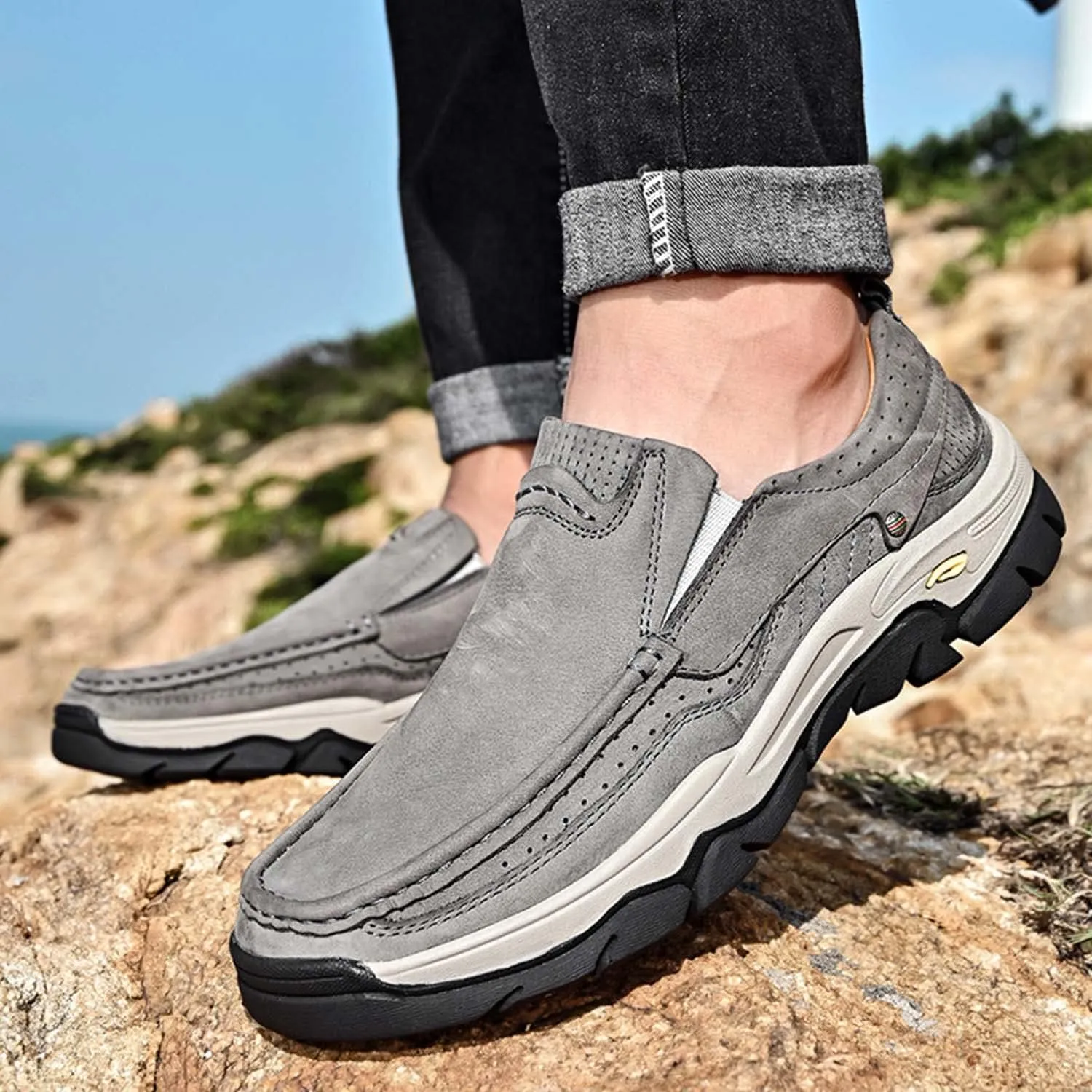 HESBITEUL Men's Leather Loafers Office Slip-on Shoes Casual Walking for Work Outdoor Trekking