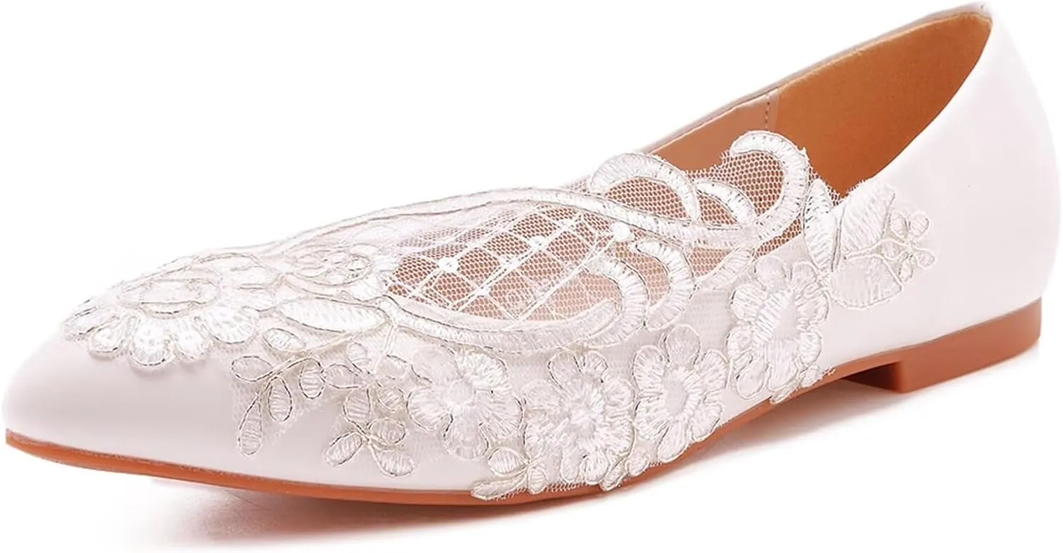 HNVAVQ Women's Lace Wedding Flats for Bride Slip On Dress Shoes White Pointed Toe Ballet Flats Bridal Shoes Pumps