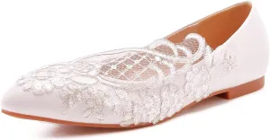HNVAVQ Women's Lace Wedding Flats for Bride Slip On Dress Shoes White Pointed Toe Ballet Flats Bridal Shoes Pumps