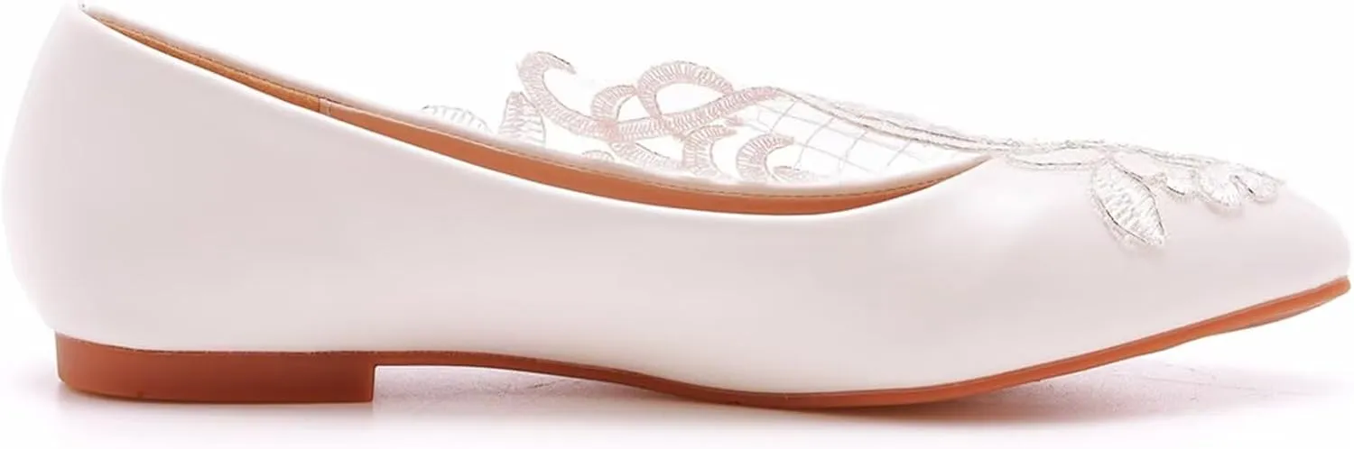 HNVAVQ Women's Lace Wedding Flats for Bride Slip On Dress Shoes White Pointed Toe Ballet Flats Bridal Shoes Pumps