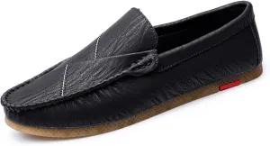 HOOENG Loafer Shoes for Men Vegan Leather Stitching Details Round Toe Lightweight Resistant Flexible Flat Heel Anti-Slip Outdoor Slip on (Color : Black, Size : 9)