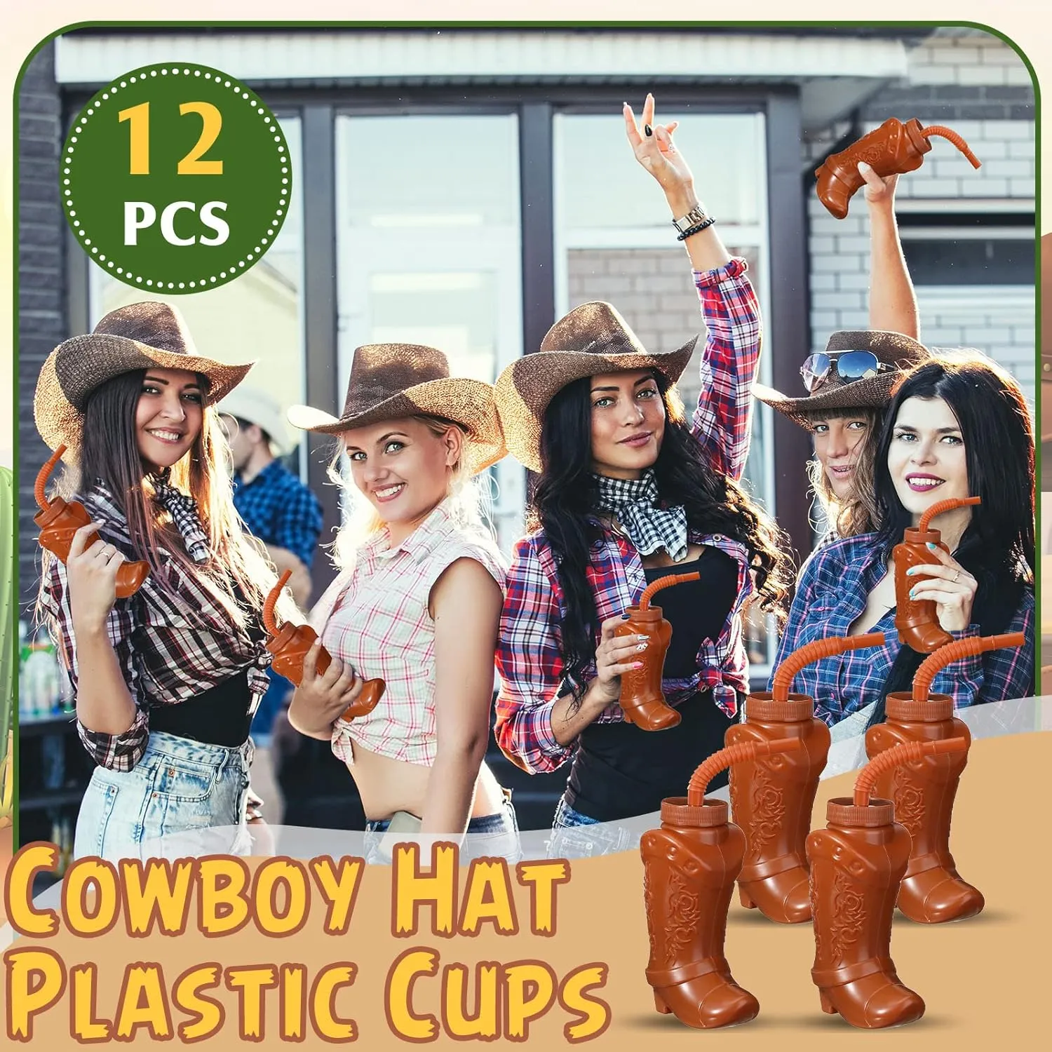 Hoolerry 12 Pcs 10 oz Plastic Cowboy Boot Cups with Straws and Lids Plastic Cowboy Cups for Western Themed Party Supplies and Rodeo Party Decorations (Brown)