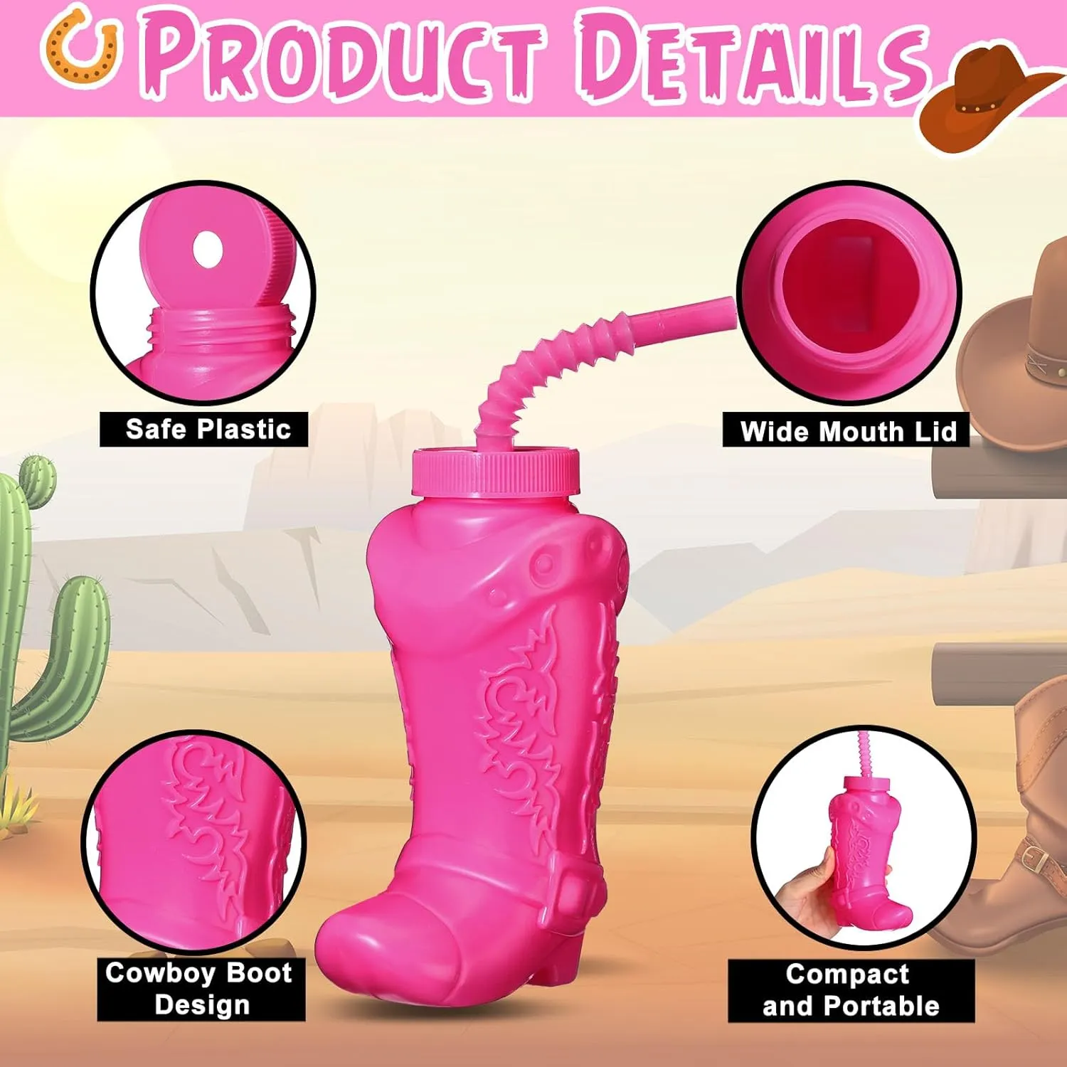 Hoolerry 12 Pcs 10 oz Plastic Cowboy Boot Cups with Straws and Lids Plastic Cowboy Cups for Western Themed Party Supplies and Rodeo Party Decorations (Hot Pink)