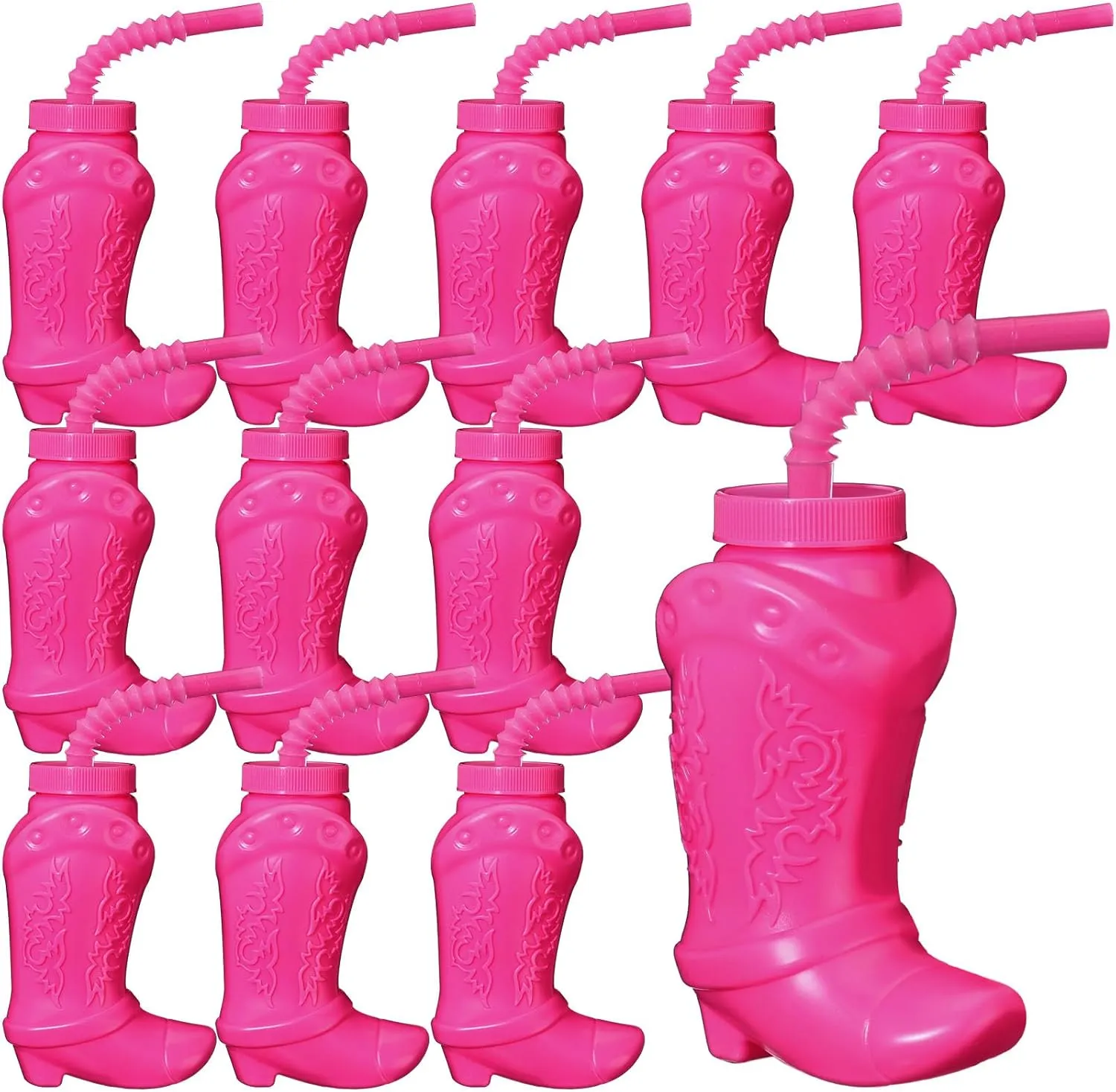 Hoolerry 12 Pcs 10 oz Plastic Cowboy Boot Cups with Straws and Lids Plastic Cowboy Cups for Western Themed Party Supplies and Rodeo Party Decorations (Hot Pink)