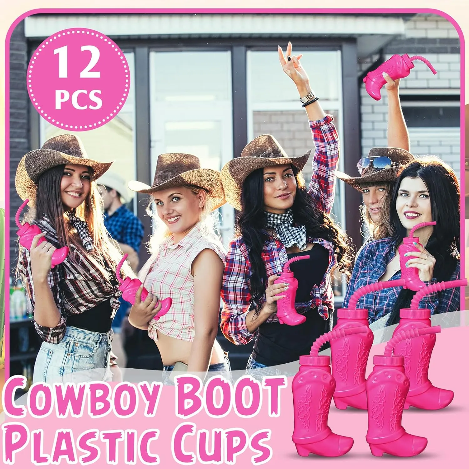 Hoolerry 12 Pcs 10 oz Plastic Cowboy Boot Cups with Straws and Lids Plastic Cowboy Cups for Western Themed Party Supplies and Rodeo Party Decorations (Hot Pink)