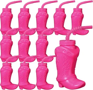 Hoolerry 12 Pcs 10 oz Plastic Cowboy Boot Cups with Straws and Lids Plastic Cowboy Cups for Western Themed Party Supplies and Rodeo Party Decorations (Hot Pink)