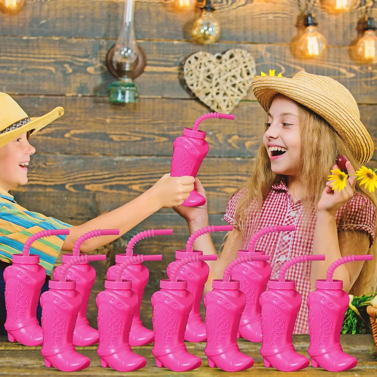 Hoolerry 12 Pcs 10 oz Plastic Cowboy Boot Cups with Straws and Lids Plastic Cowboy Cups for Western Themed Party Supplies and Rodeo Party Decorations (Hot Pink)