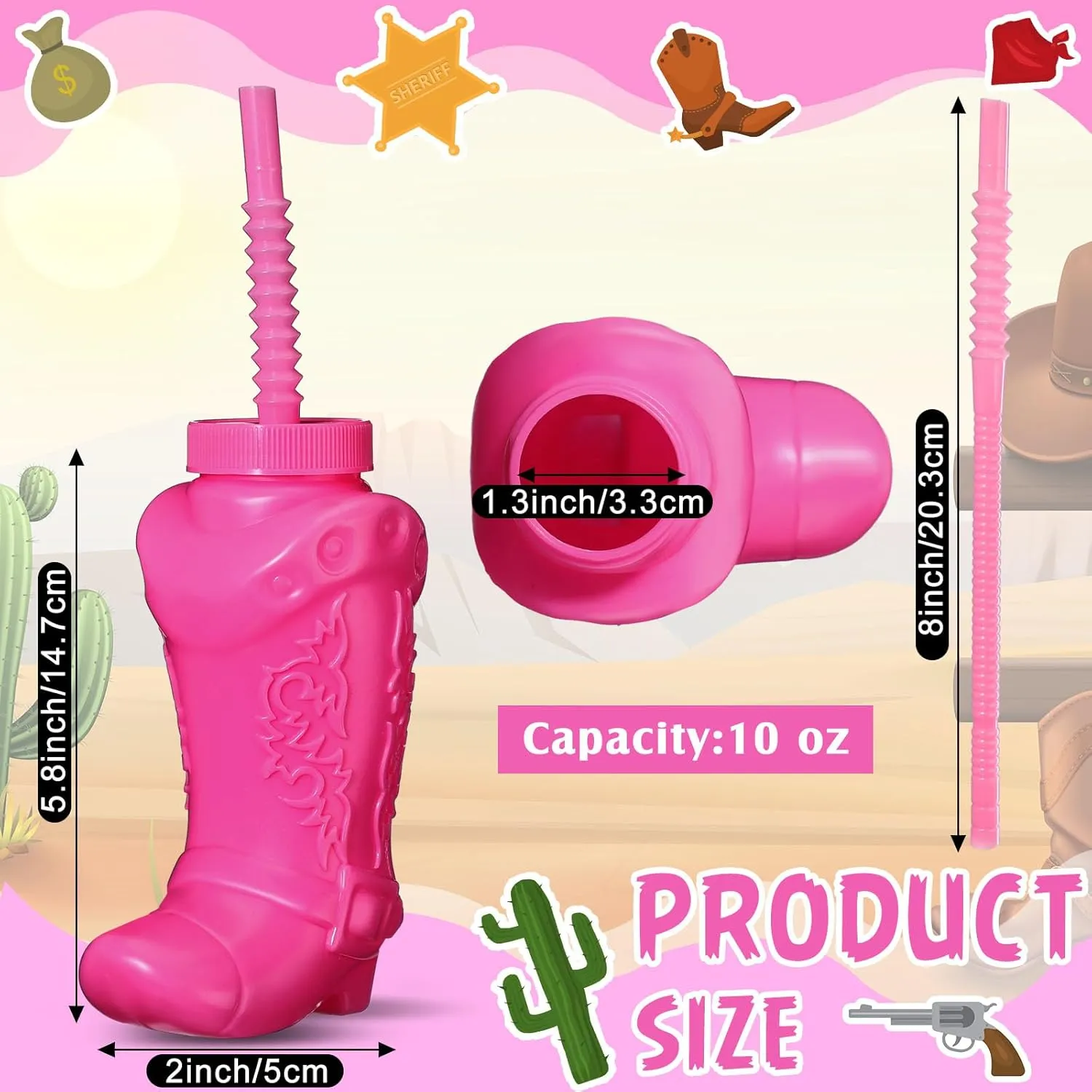 Hoolerry 12 Pcs 10 oz Plastic Cowboy Boot Cups with Straws and Lids Plastic Cowboy Cups for Western Themed Party Supplies and Rodeo Party Decorations (Hot Pink)