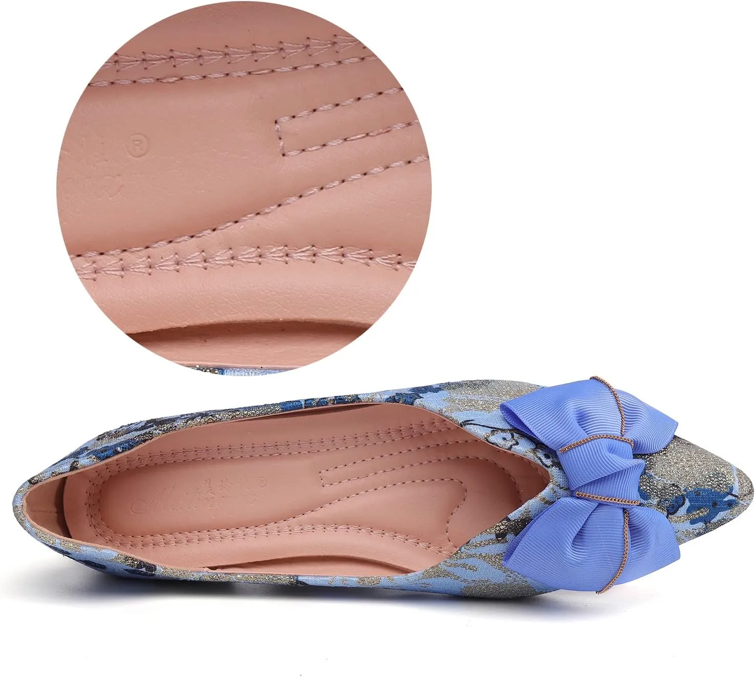Hxlber Women's Flats Shoes Pointed Toe Bow Embroidery Ballet Comfortable Dressy Slip On Flat