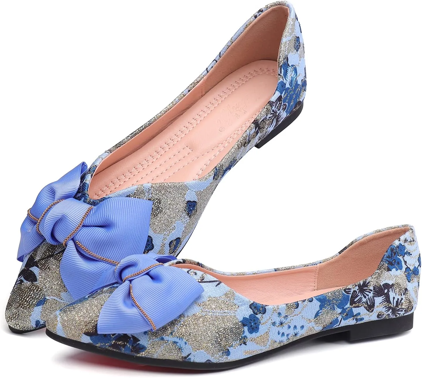 Hxlber Women's Flats Shoes Pointed Toe Bow Embroidery Ballet Comfortable Dressy Slip On Flat